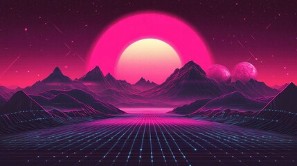Naklejka premium Retro futuristic landscape, pink sun, grid road, mountains, starry sky, digital art, wallpaper