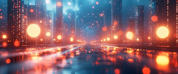 Fototapeta premium Futuristic city street at night with glowing lights and reflections.