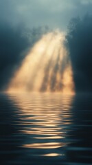 Misty Dawn: Golden Light on Still Water, Serene Forest Scene