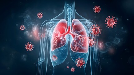 Detailed 3D of the Respiratory System with Red Virus Particles Entering the Lungs Highlighting the Awareness and Risks of Dangerous Infectious Diseases on a Gradient Background