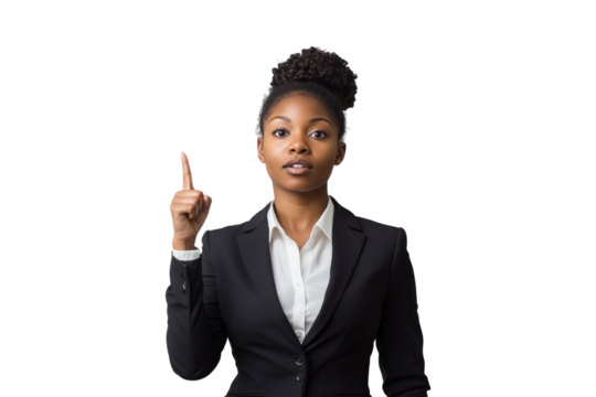Black businesswoman pointing upwards isolated on white or transparent, PNG