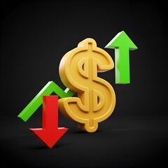 Obraz premium 3d dollar icon made have red arrow from upper to bottom side direction near the dollar icon, similarly green arrow from bottom to upper direction near the dollar icon