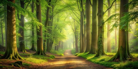Obraz premium Sunlit Path Through a Verdant Forest of Tall Trees with Lush Undergrowth and a Gentle Curve