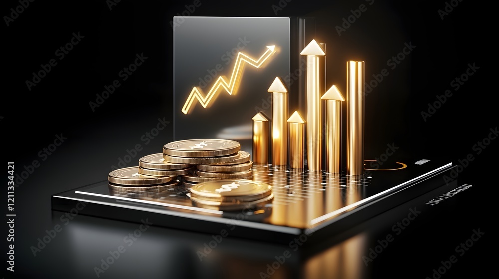 Poster glowing 3d financial charts with arrows showcasing the concept of market success wealth progress and