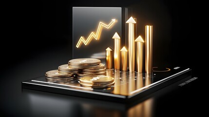 Glowing 3D financial charts with arrows showcasing the concept of market success wealth progress and futuristic business growth on a dark background