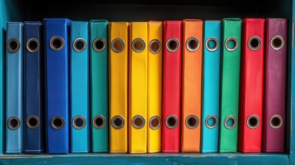 Fototapeta premium Colorful Rainbow of Office Folders on a Shelf