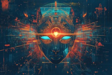 A creative representation of Egyptian symbols intertwined in a digital futuristic design