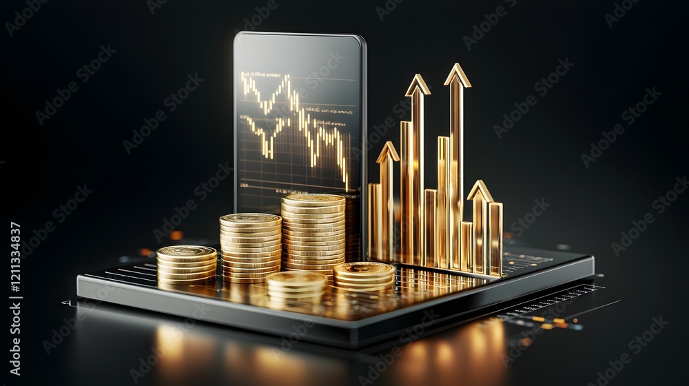 Aufkleber Glowing arrows and 3D digital charts showing success and progress in the financial market with wealth growth and data analytics displayed on a modern elegant technology driven platform