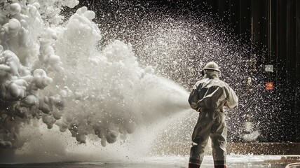 Foam firefighter concept. A firefighter in protective gear sprays water to control a large cloud of foam, combating fire hazards effectively.