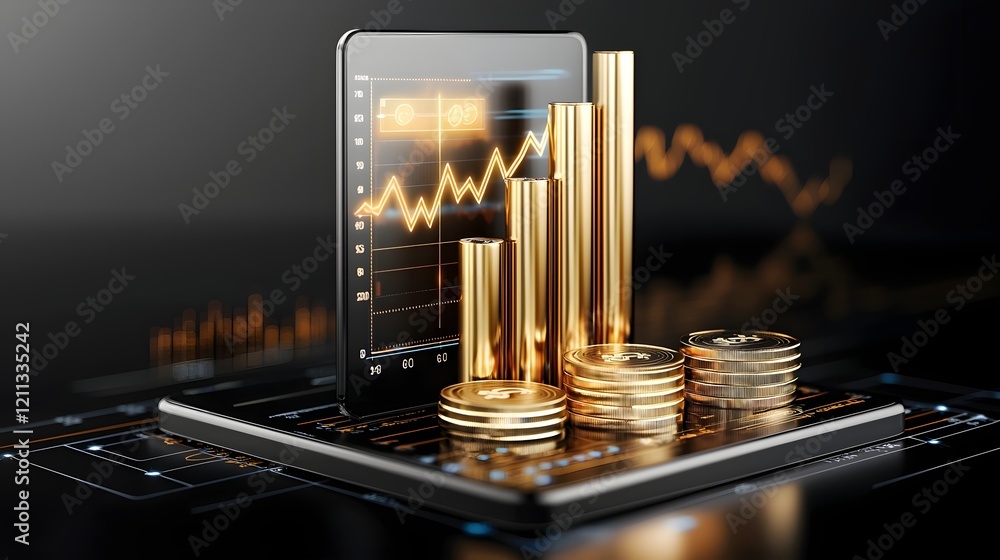 Poster futuristic 3d financial charts graphs and glowing arrows on a digital dashboard showcasing the conce