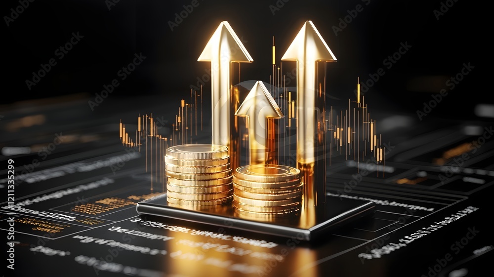Poster Futuristic 3D financial charts and graphs with glowing arrows depicting the progress growth and success of the market and wealth creation  This concept image represents the technology data
