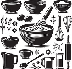 Black Color Mixing Bowls Silhouette Vector Illustration, Solid White Background. minimal vector design