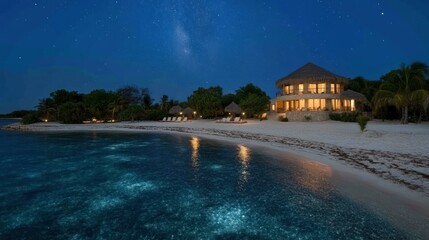 Fototapeta premium Luxury Beachfront Villa at Night Under Starlit Sky