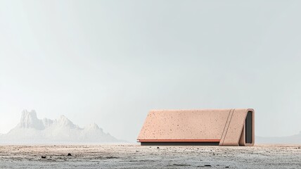 A minimalist, modern structure stands in a vast, barren landscape, emphasizing simplicity and harmony with nature.