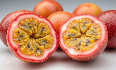 Cut open tropical fruits on display