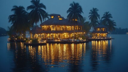Illuminated Island Oasis: A Luxurious Tropical Getaway at Night