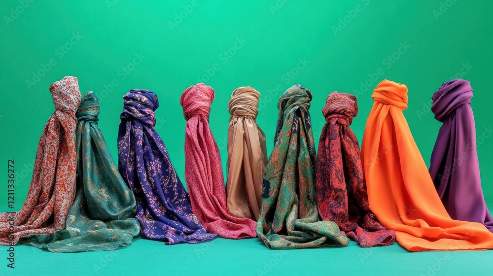 Poster a vibrant collection of patterned and solid color scarves against a green background display