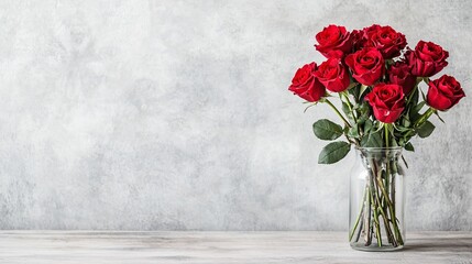 Fototapeta premium Elegant Red Roses in a Glass Vase on a Soft Grey Background