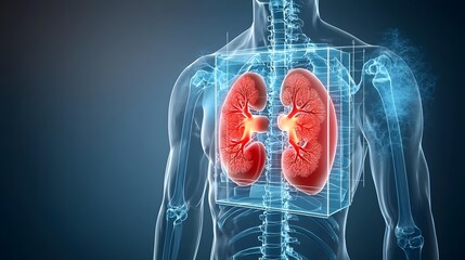 Detailed 3D medical showcasing the vibrant red kidneys and yellow orange adrenal glands set against a warm gradient background