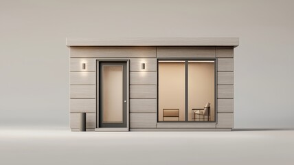 Fototapeta premium A modern minimalist building with a simplistic design, featuring a front door, windows, and two chairs visible inside.