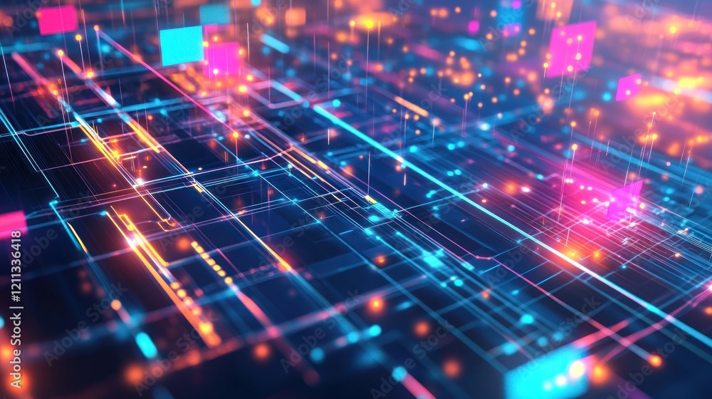 Poster abstract digital network: glowing circuitry and data streams