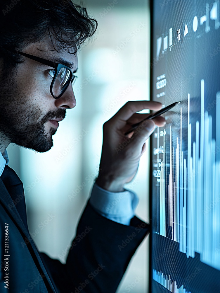 Poster a data scientist analyzing charts on a large screen, emphasizing information source analysis