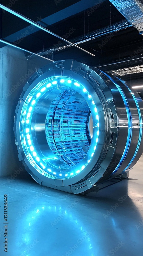 Poster a secure data vault with glowing blue lights, representing advanced information source security prot