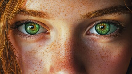 Naklejka premium A freckled woman's close-up portrait, her captivating green eyes lit by gentle, warm natural light, revealing the depth and warmth in her gaze