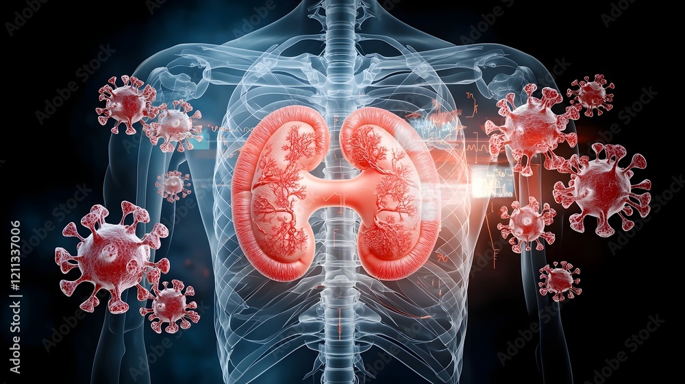 Poster Professional 3D anatomical depicting the kidneys and adrenal glands in a soft color gradient of red yellow pink and beige tones
