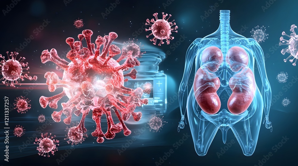 Poster Vibrant detailed 3D medical showcasing the intricate anatomy and structure of the kidneys and adrenal glands in a clean professional and educational style with a warm gradient color palette