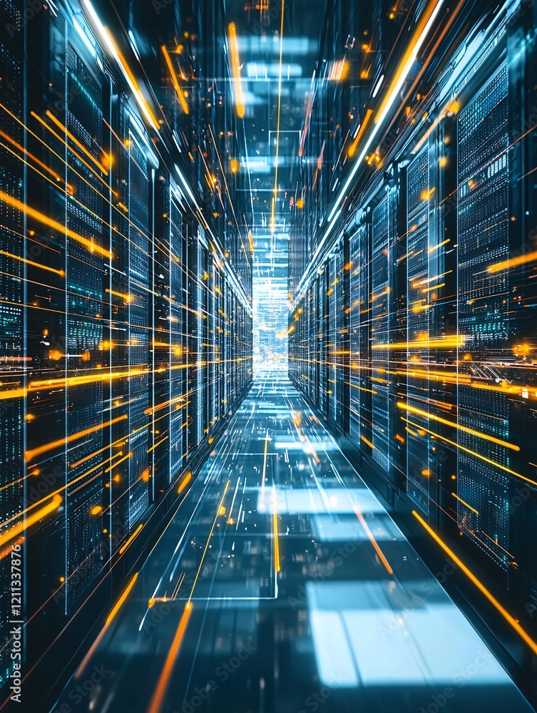 Poster a data warehouse with neatly aligned servers, symbolizing efficient information source organization