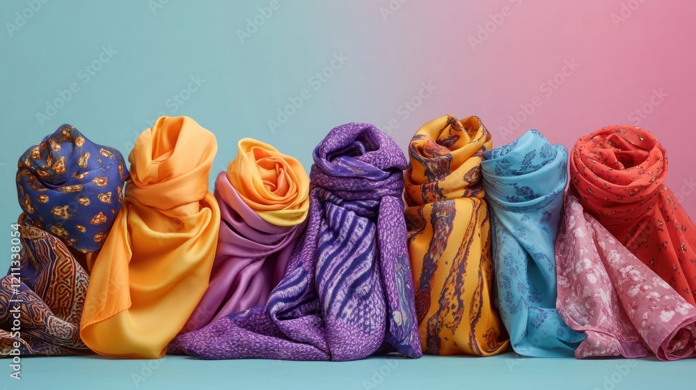 Poster a vibrant collection of folded scarves in various colors and patterns on a two toned background