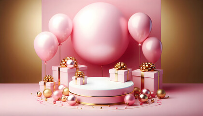 Birthday A birthday scene with two pink balloons placed on the left, a round white platform in the center, an2