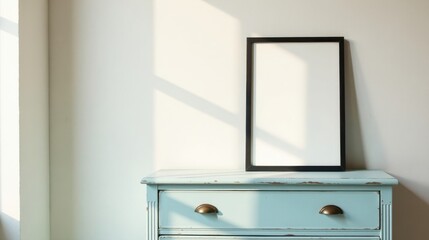 Empty Frame on Light Blue Distressed Chest of Drawers in Sunlit Room
