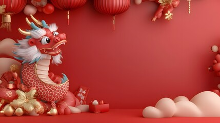 Obraz premium Vibrant and detailed of a Chinese dragon head with intricate colorful patterns bold red and gold tones and fluffy white fur against a backdrop of gradient red orange clouds and traditional lanterns