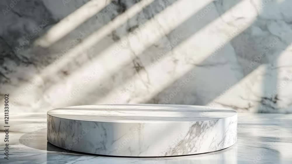 Poster sunlit marble platform with dynamic shadows in minimalist setting
