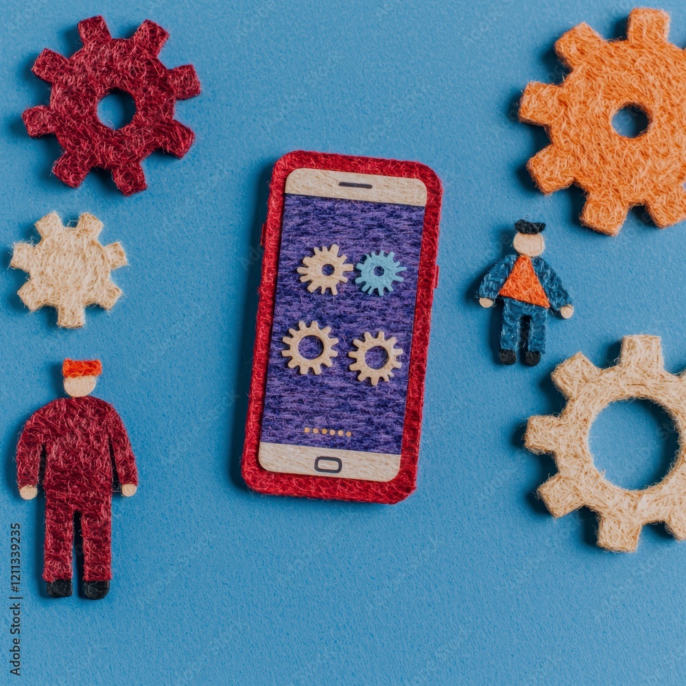 Poster mobile app development gears workers technology smartphone maintenance setting re