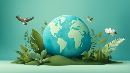 Stylized 3D render of a teal Earth globe nestled in lush green foliage, with birds and butterflies adding to the vibrant nature scene.
