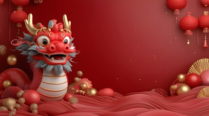 Naklejka premium Vibrant Chinese Dragon with Intricate 3D Design and Golden Light Trails Traditional cultural symbol with bold red blue and gold colors and waves