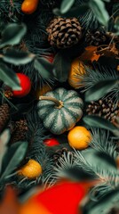 Fototapeta premium Autumn Thanksgiving Still Life Gourds Pine Cones Leaves Fruit
