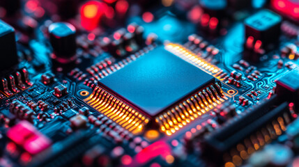 Obraz premium Close-up modern computer chip circuit board advanced technology hardware development IT infrastructure concept innovation visual wallpaper advertising marketing campaign banner mockup gpu cup