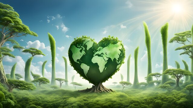 Heart-shaped tree with a world map on its surface in a lush, vibrant fantasy forest under a sunny sky. - Powered by Adobe
