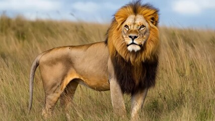 Majestic lion striding through sunny grasslands with graceful pride stance