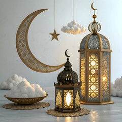 3d rendering of ramadan decorations with cresent, clouds and lamp