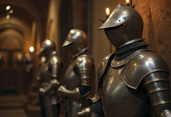 Three medieval knights in reflective silver armor standing in arched hallway
