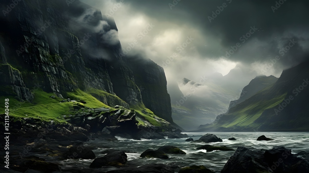 Poster a dramatic and coastal scene featuring rugged towering cliffs set against a backdrop of dark moody c