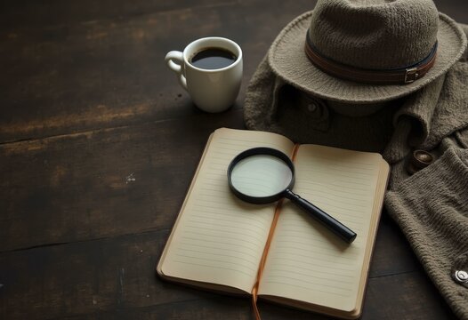 Detective hat, magnifying glass, notebook, and coffee on a dark wooden desk with Copy Text space