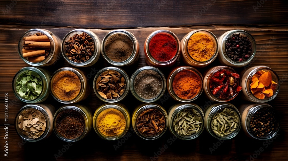 Poster a flat lay arrangement of various spices and herbs in small glass jars placed on a rustic wooden tab