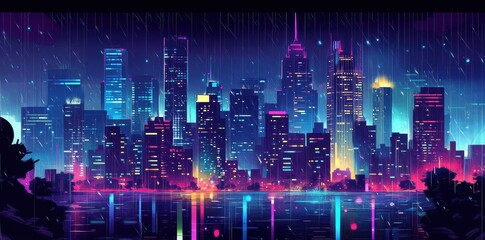 Obraz premium Neon Cityscape Under Rainy Night Sky