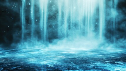 Ethereal blue mist with cascading light effects, creating a serene atmosphere.